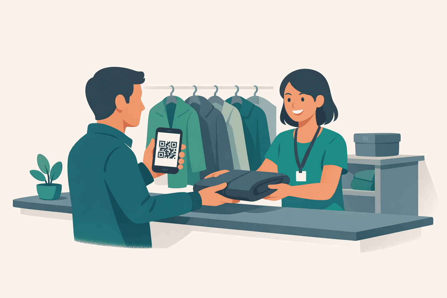 A guest shows a Supa Pass QR at a staffed wardrobe desk